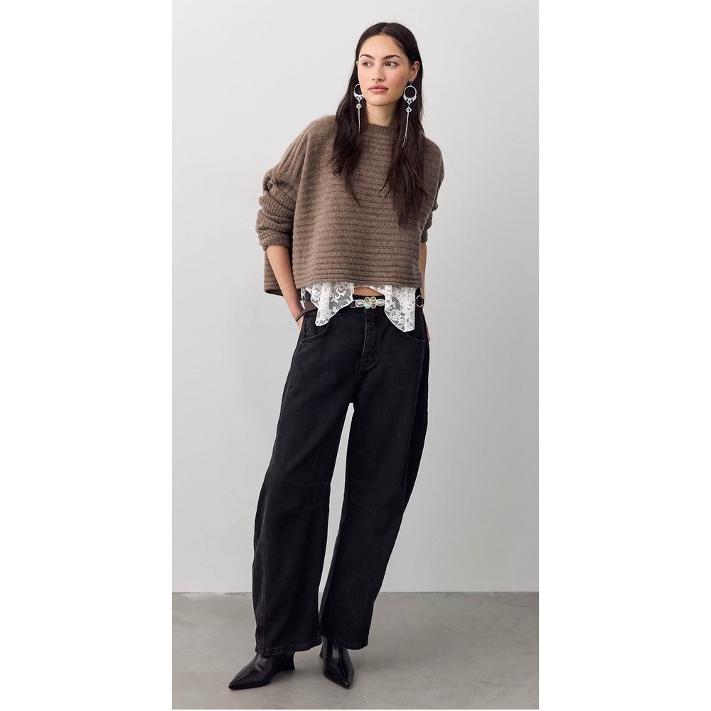 Free People We The Free Good Luck Mid-Rise Barrel Jeans Size 31 black soundwave